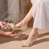 金色水晶高跟鞋 婚鞋 法式 秀禾主婚纱两穿2026年新款 女不累脚 新娘鞋