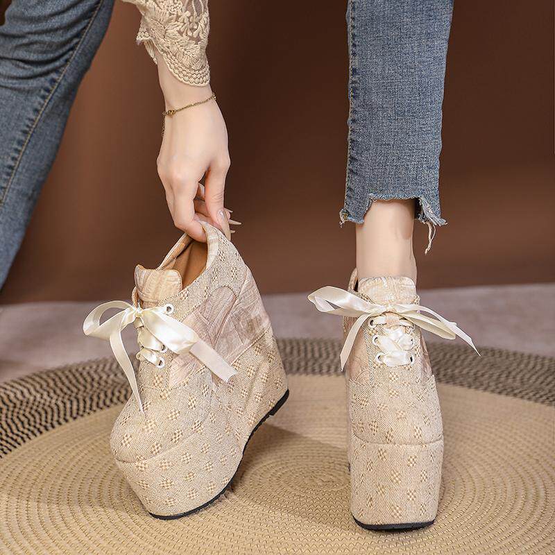 Giày cao gót nữ đế xuồng platform buộc dây, gót 15 cm — Mơ 10cm, Mơ 15cm