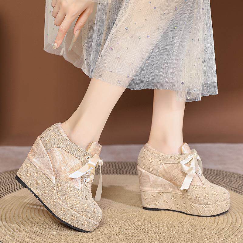 Giày cao gót nữ đế xuồng platform buộc dây, gót 15 cm — Mơ 10cm, Mơ 15cm