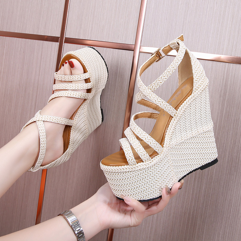 Sandal nữ đế xuồng cao gót 16 cm quai chéo hở mũi platform — Màu trắng nhạt 12cm, Màu trắng nhạt 14cm, Trắng nhạt 16cm