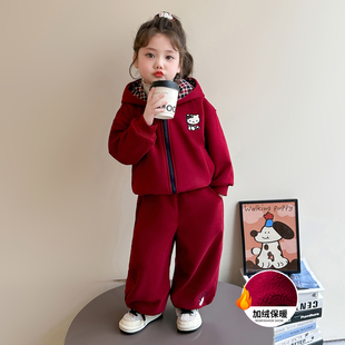 女童加绒卫衣套装秋冬外套2025新款儿童红色加厚冬装女孩运动衣服