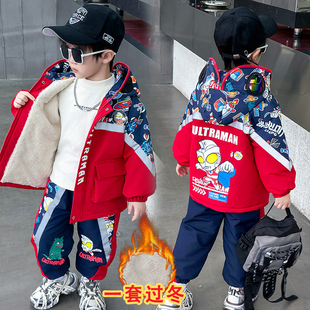 奥特曼男童冬装2025新款儿童帅气加绒冲锋衣服痞帅男孩宝宝两件套