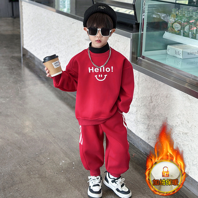 儿童加绒卫衣套装冬装2025新款秋冬季宝宝衣服男童加厚两件套红色