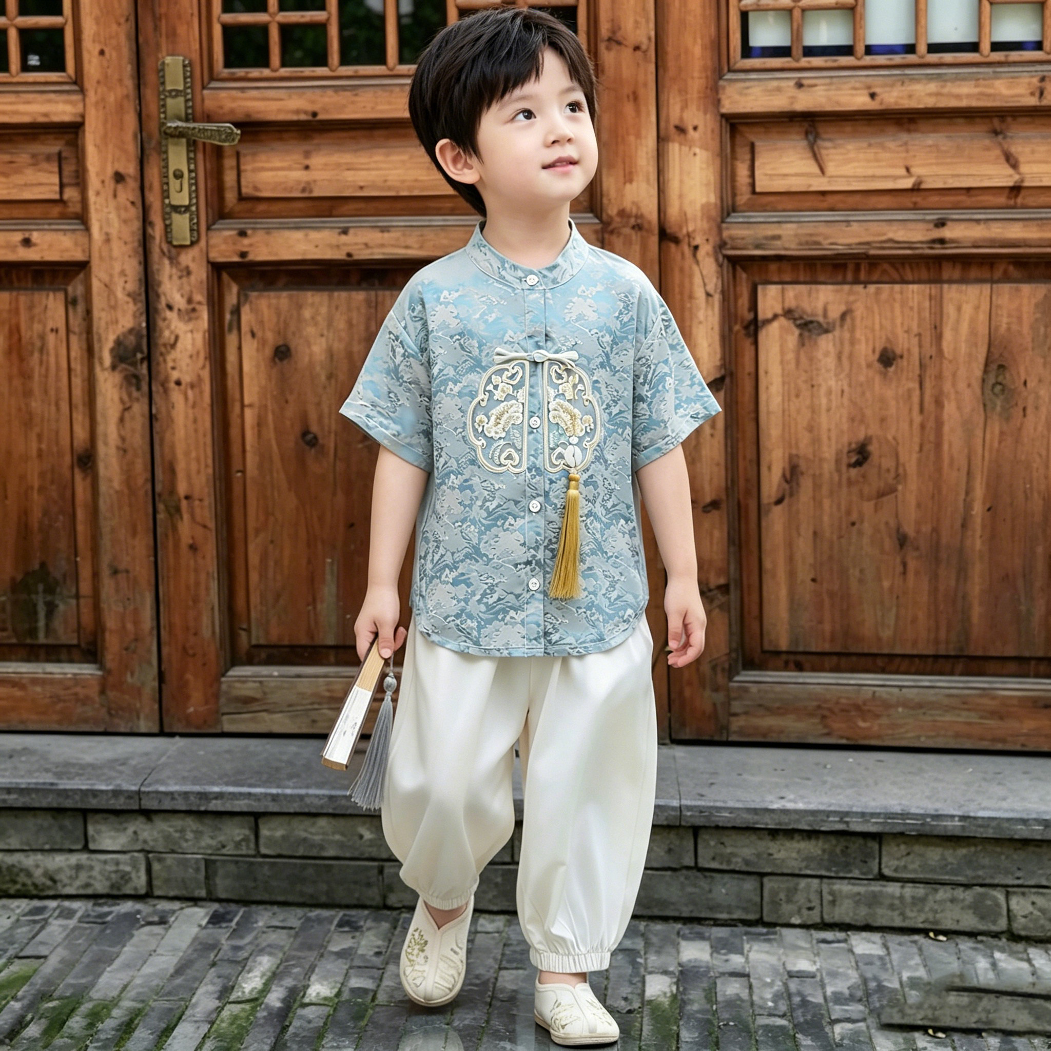 儿童汉服男童国风套装小少爷新中式唐装两件套男宝古风短袖演出服