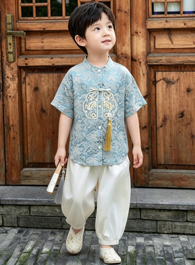 儿童汉服男童国风套装小少爷新中式唐装两件套男宝古风短袖演出服