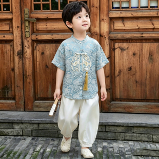 儿童汉服男童国风套装小少爷新中式唐装两件套男宝古风短袖演出服