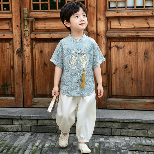 儿童汉服男童国风套装小少爷新中式唐装两件套男宝古风短袖演出服