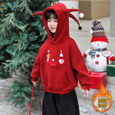 男童加绒红色卫衣2025秋冬装新款洋气儿童冬季加厚上衣宝宝新年服