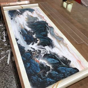 周强春山富水山水国画微喷复制横幅招财风水画办公室客厅装 饰画