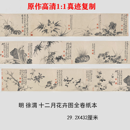 徐渭 十二墨画图卷 古代名家水墨花鸟字画微喷长卷装饰画临摹学习