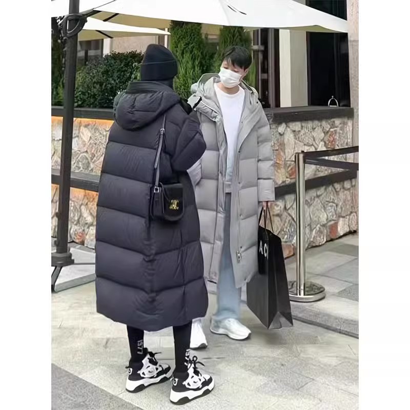 翻新定做韩版过膝绒服男女情侣同款宽松加厚冬季连帽棉服棉衣