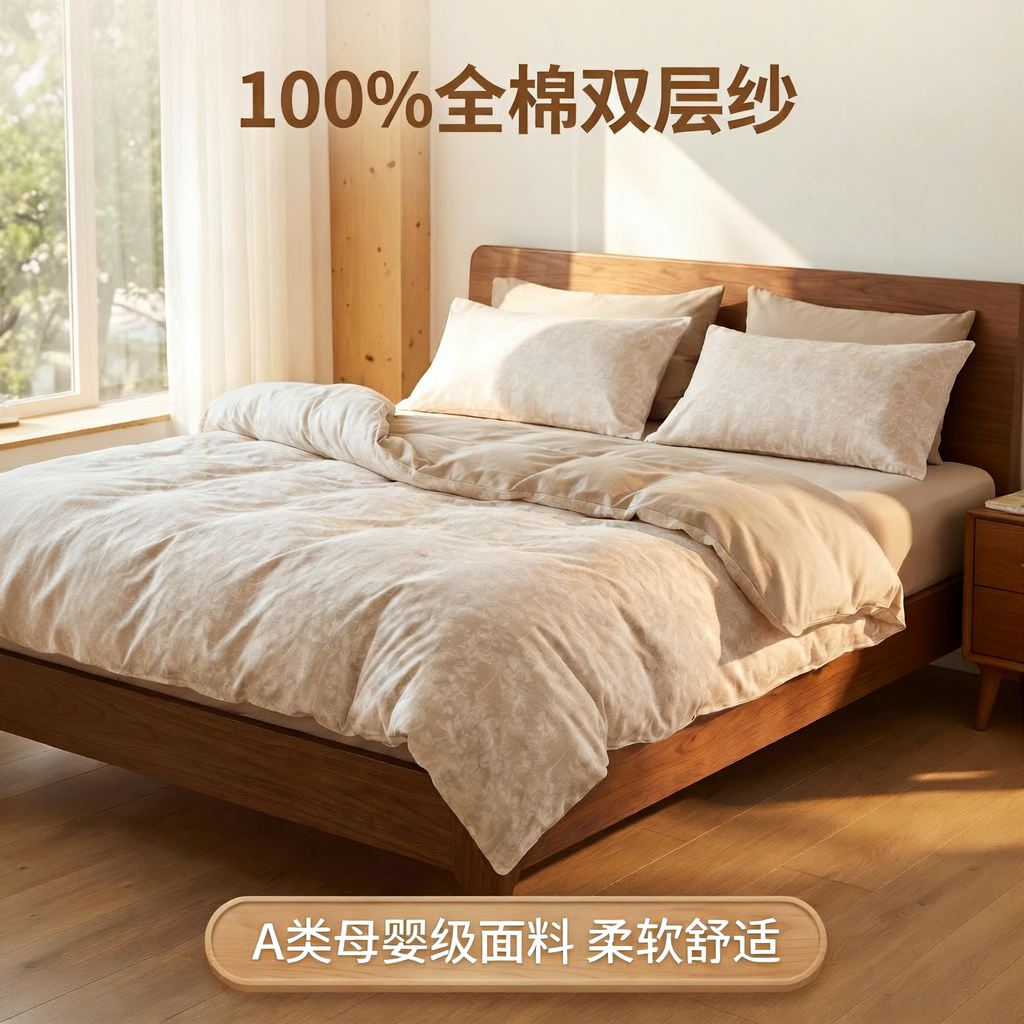 千百卉家纺100%全棉双层纱四件套透气亲肤双层纱床上用品卧室套件