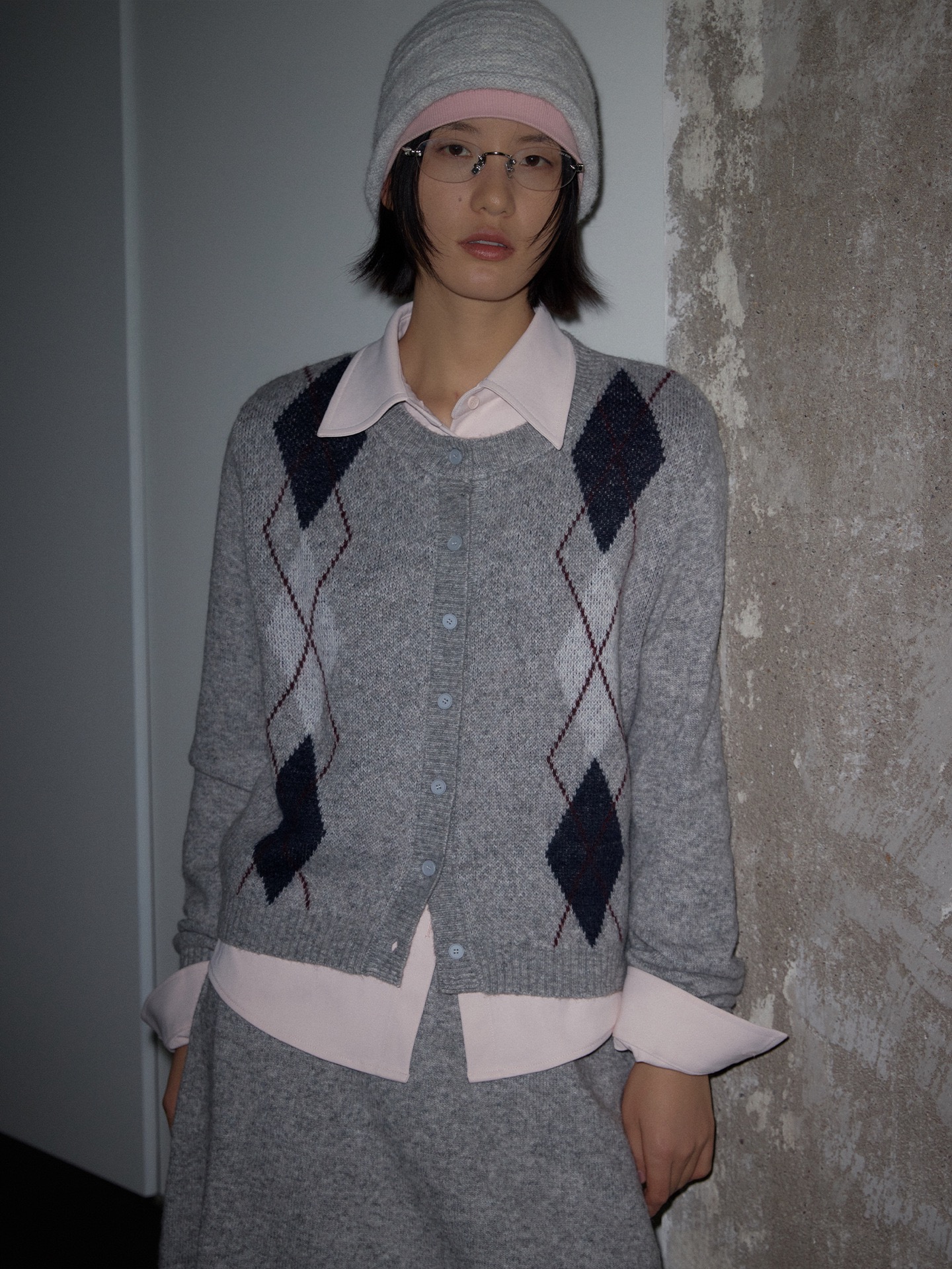 秋冬新款复古菱格纹羊毛针织开衫女宽松慵懒风毛衣外套