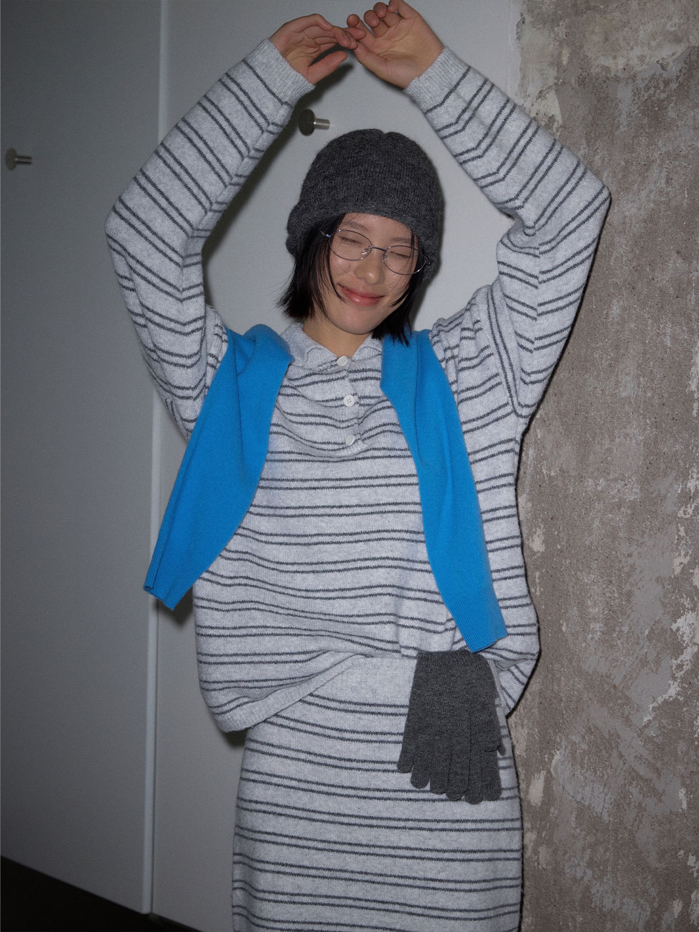 秋冬新款复古条纹条纹Polo领针织衫套装裙女冬季两件套