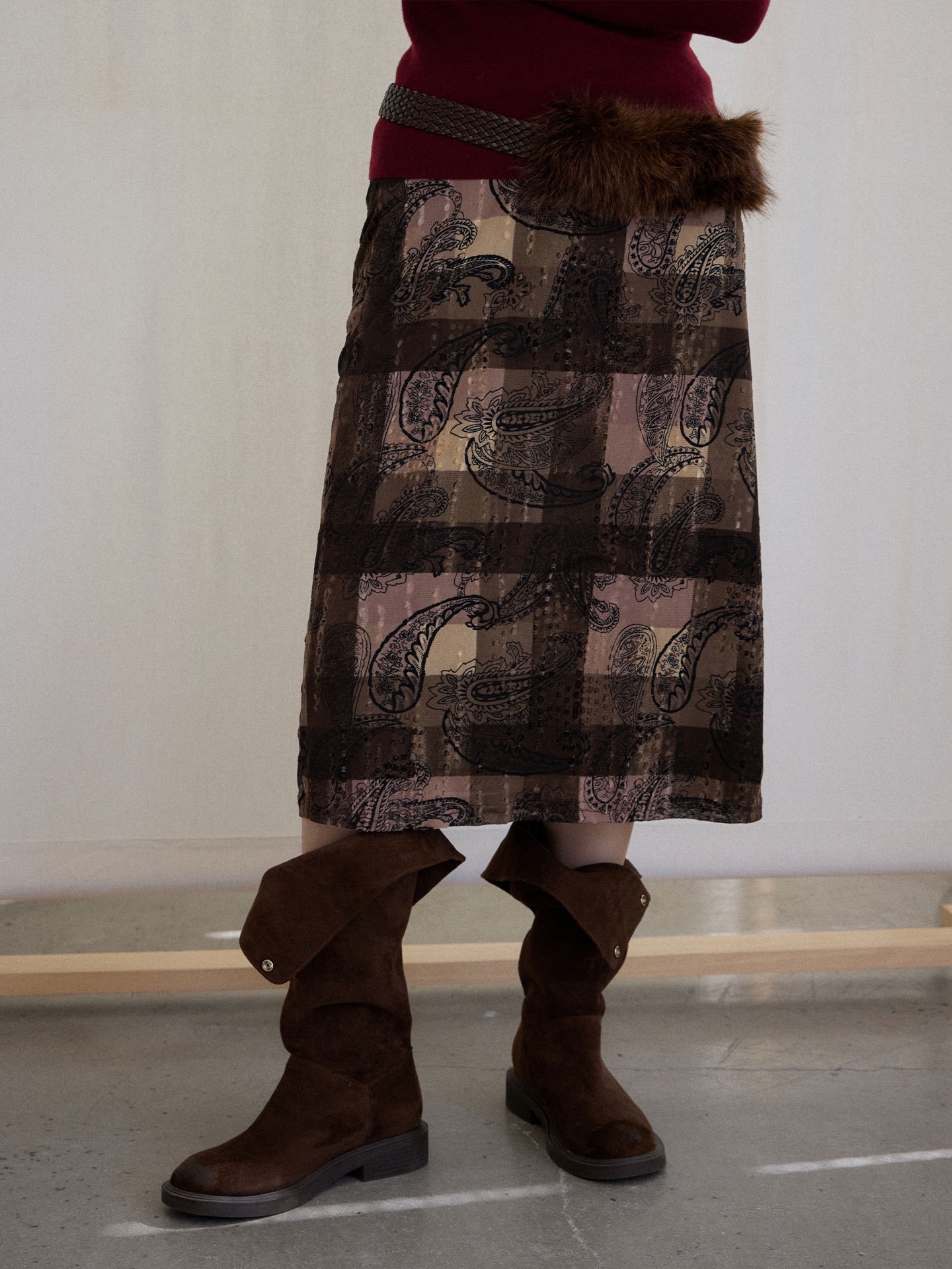 佩斯利腰果花半裙女格纹拼接冬半身裙高级感复古伞裙印花