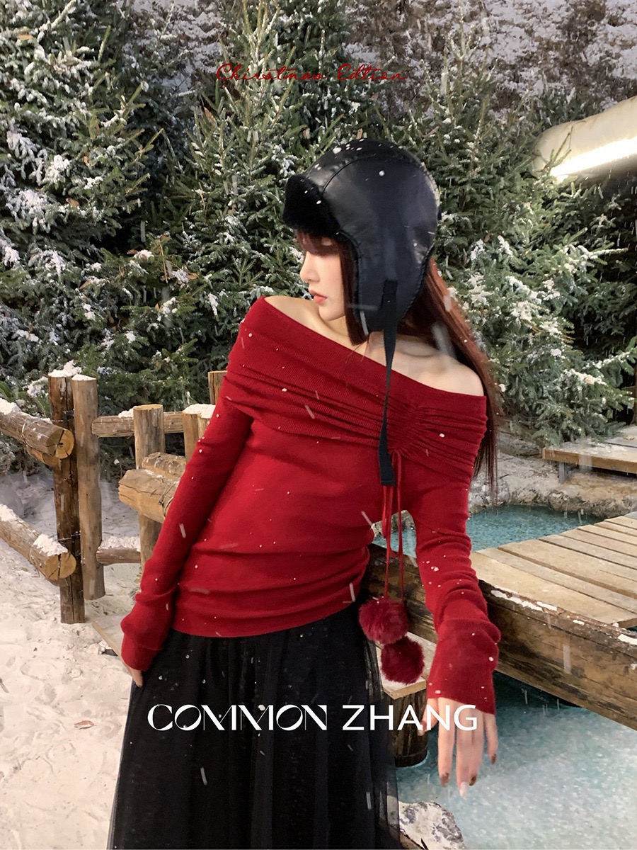 圣诞氛围感一字领羊毛针织衫女秋冬复古修身露肩性感礼服打底衫