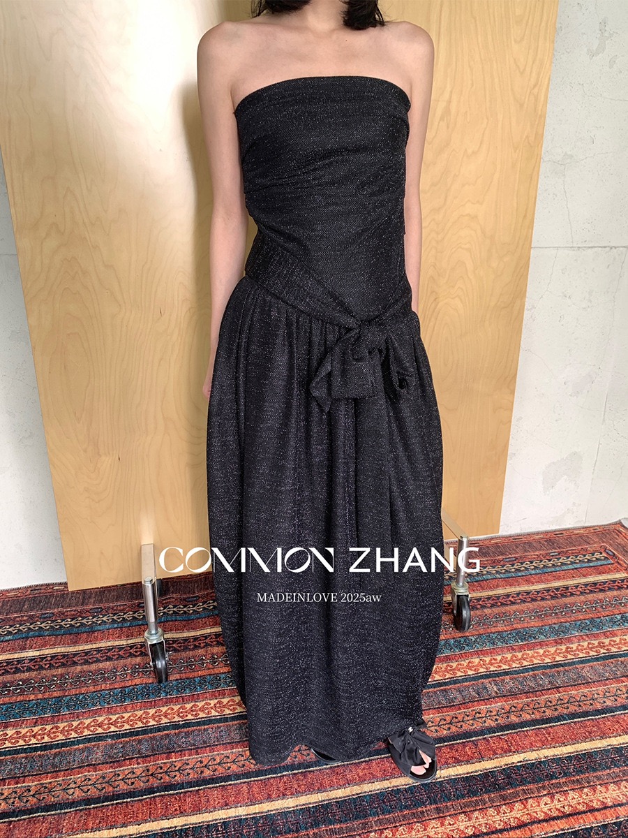 优雅甜辣年会礼服女亮片氛围感抹胸连衣裙女收腰绑带蝴蝶结长裙