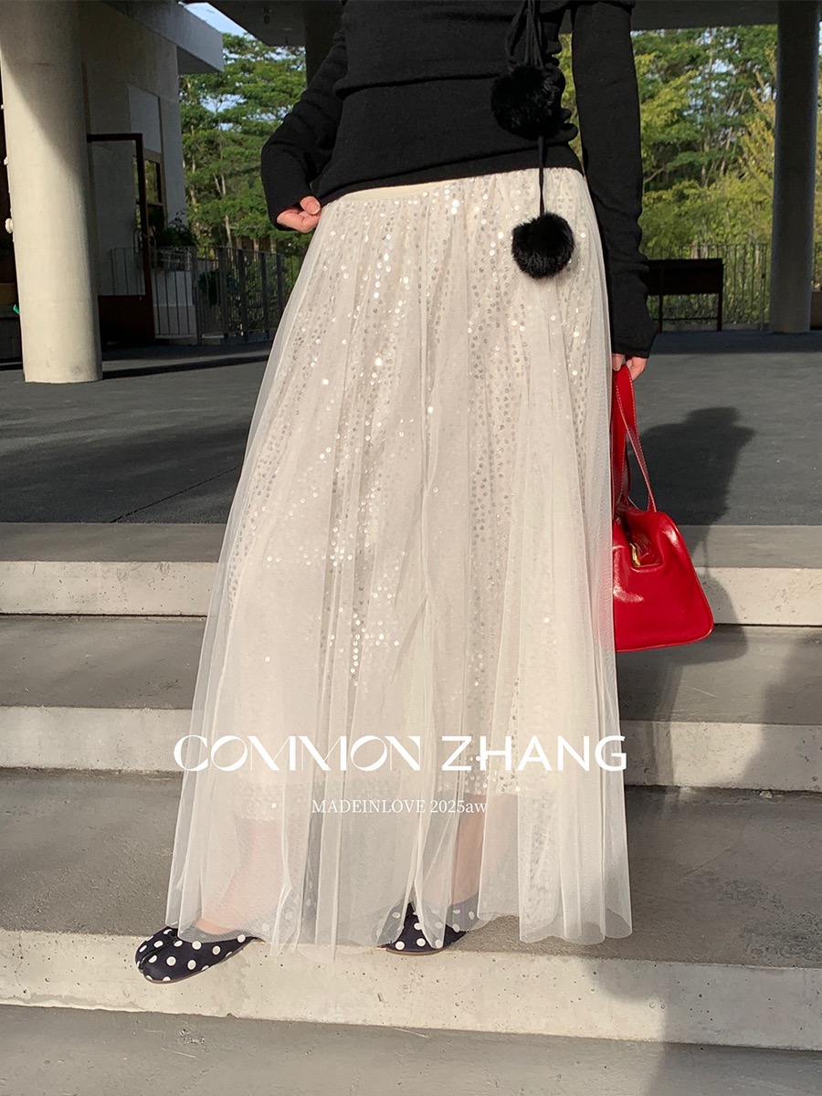 圣诞重工亮片网纱半身裙女秋冬新款高腰显瘦a字大摆长裙子