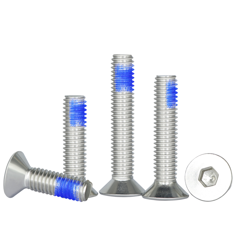 304不锈钢平头点胶内六角螺丝沉头螺栓平杯蓝胶防松防震螺钉M2-M6