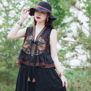 夏季新款民族风女装缎面绣花马甲复古短款系带开衫马夹女式小上衣