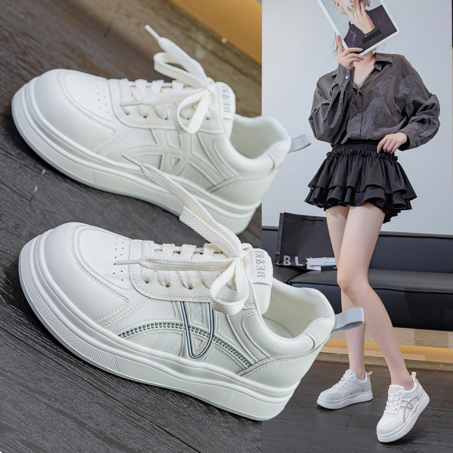 真皮大码厚底休闲小白鞋女41到43图片