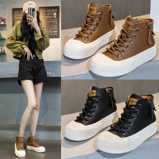 女2026年春秋新款 41到43高帮鞋 厚底复古短靴潮42 休闲女鞋 真皮大码