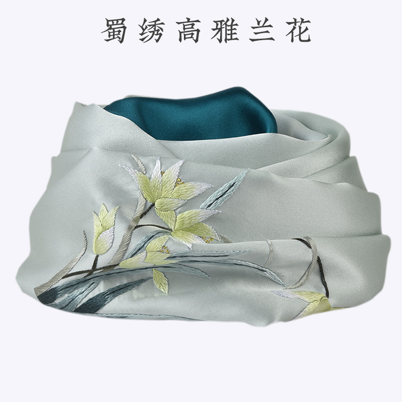 中国风特色成都蜀绣纯手工刺绣双层桑蚕丝兰花围巾丝巾送长辈礼品
