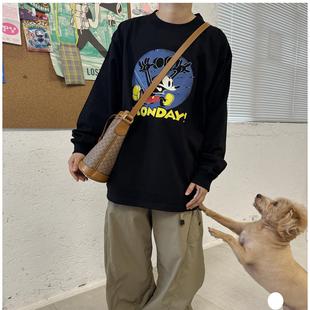 星期一啦！美式卡通米老鼠休闲宽松春秋薄款宽边螺纹圆领套头卫衣