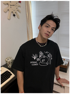 T恤小众国潮男女情侣款 原创插画 宽松短袖 主人和猫印花 趣味创意