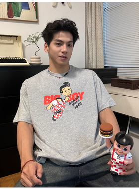 原创bigboy汉堡男孩趣味美式复古vintage男女情侣款短袖T恤小领口