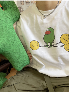 keepsmile超可爱笑脸绿色印花短袖T恤圆领宽松卡通小众潮上衣TEE