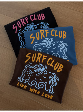 美式复古Surf Club冲浪印花男女无性别夏季宽松椰子树涂鸦短袖T恤