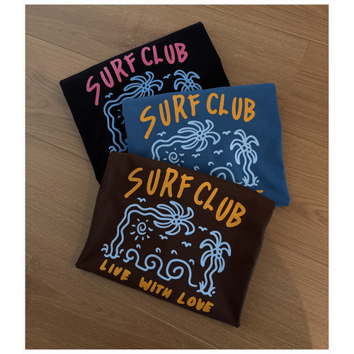 美式复古Surf Club冲浪印花男女无性别夏季宽松椰子树涂鸦短袖T恤