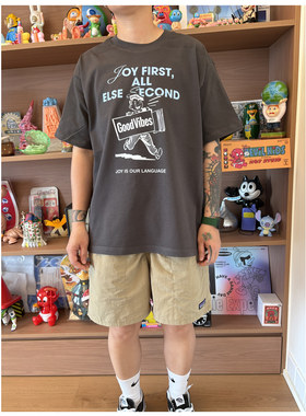 美式复古Joy First快乐优先印花短袖T恤男女款宽松情侣无性别半袖