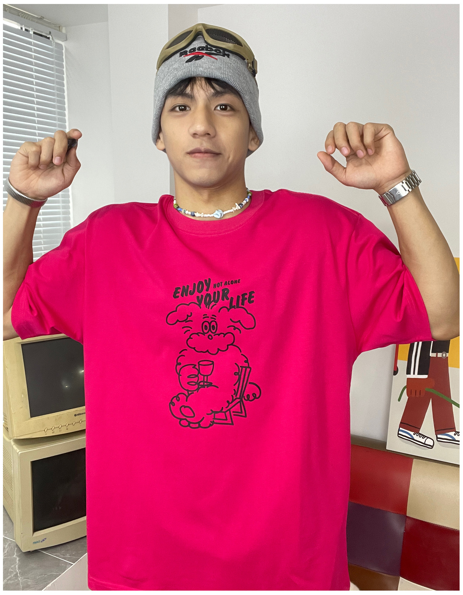 ENJOY YOUR LIFE享受当下趣味小清新卡通狗印花短袖T恤男女款纯棉