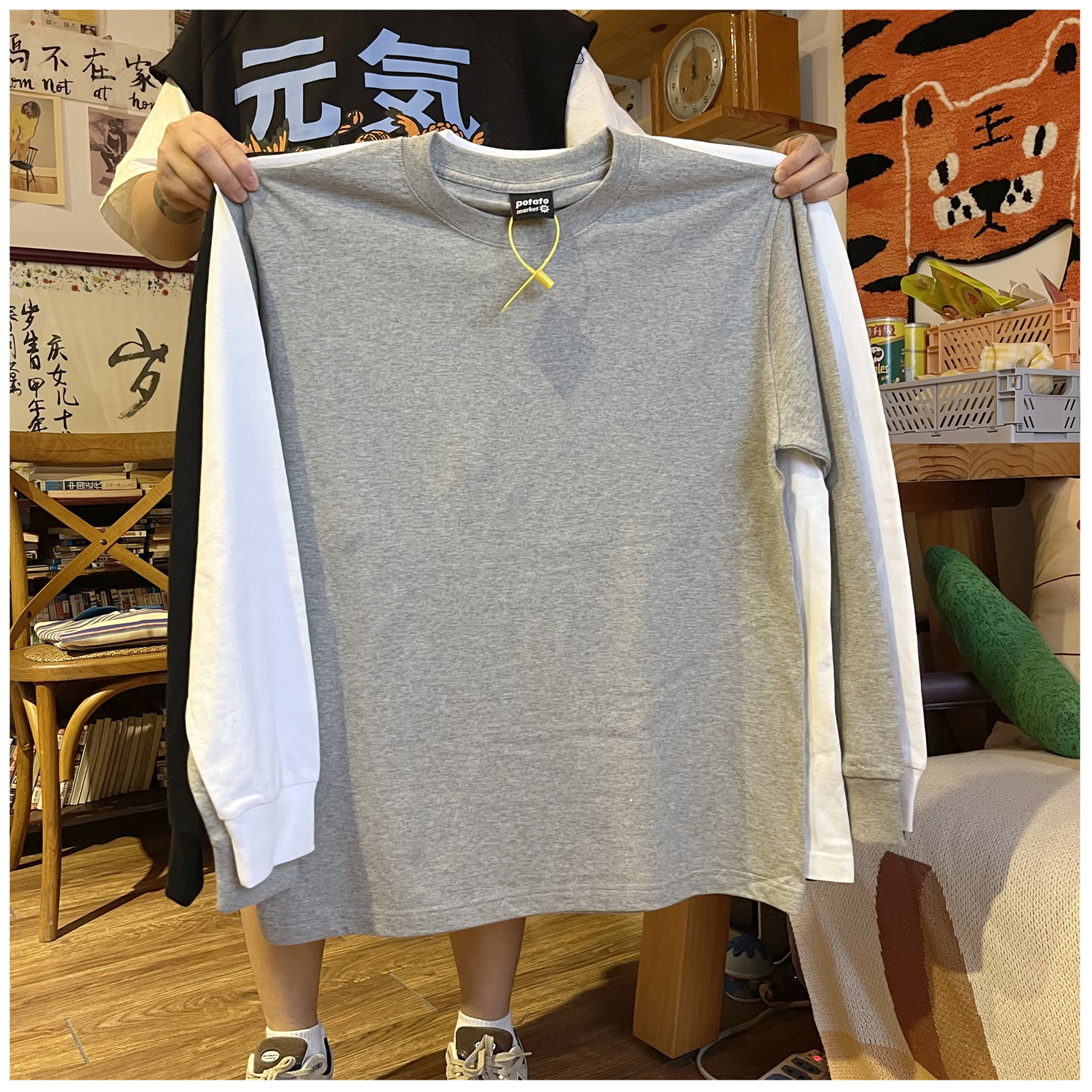 打底T恤美式oversize小领长袖T
