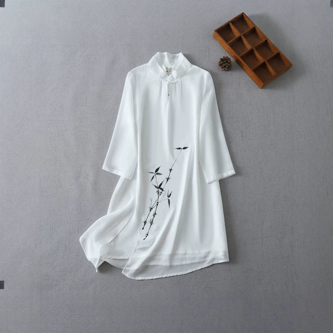 5842白色竹纹太极优雅修身显瘦工作服中式改良雪纺禅意茶服练功服