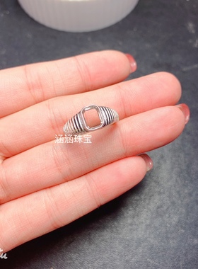 s925银饰品戒指空托 包镶款长方形5*7mm代镶托帕石 黄水晶 古发银