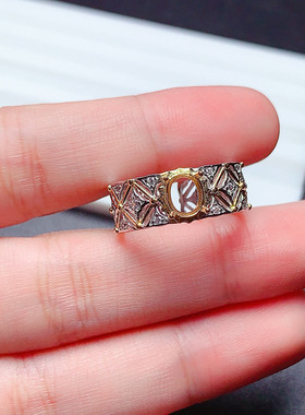 s925银戒指空托双色款椭圆形5*6mm个性设计宽面戒托 未镶嵌  x