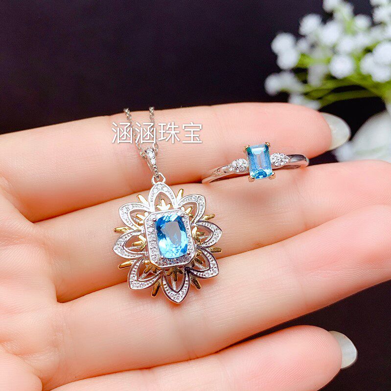 s925银戒指吊坠套装空托长方形4*6 5*7mm代镶托帕石玉石双色款