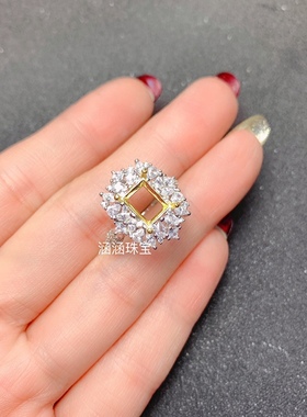 s925银饰品戒指空托豪华双色款 长方形6*8mm代镶托帕石 石榴石