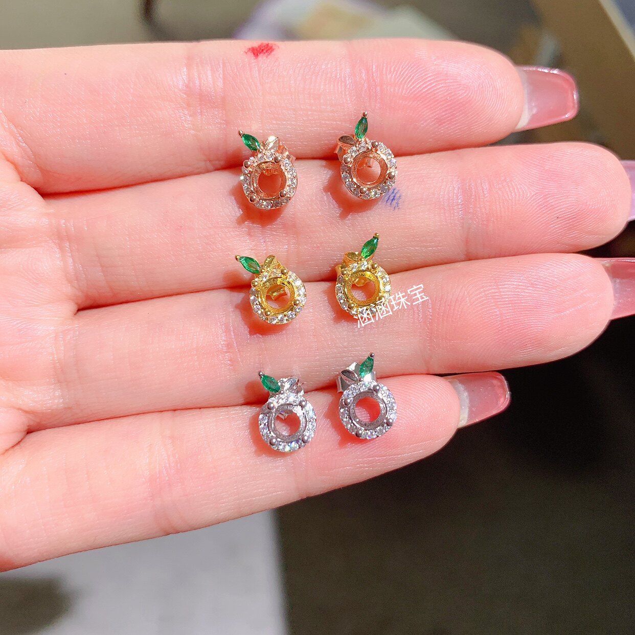 s925纯银耳钉空托苹果款 圆形5*5mm代镶欧泊 坦桑石  石榴石  x