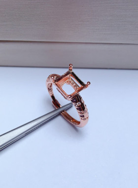 925银戒指空托方形8*8mm简单大气时尚 戒圈可调节 代镶嵌宝石 J