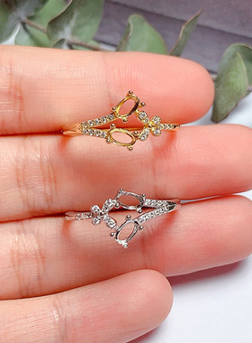 s925银戒指空托椭圆形3*5mm精美清新 代镶嵌 红宝石 祖母绿 w