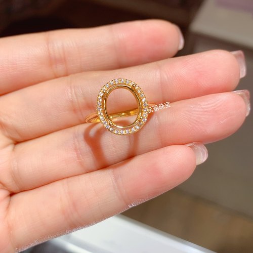 s925银戒指空托电镀黄金色款椭圆形9*11 10*14mm代镶水晶 玉石 J