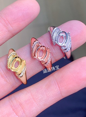 s925银饰品戒指空托复古镀黄金色款 椭圆形6*8mm代镶欧泊 碧玺