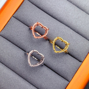 s925银爱心戒指空托心形12*12mm女饰品简约清新代镶宝石水晶  J