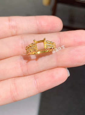 s925纯银戒指空托 方形6*6mm代镶托帕石 糖塔 电镀黄金色 时尚  x