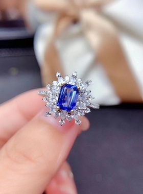 s925银戒指空托豪华款 长方形5*7mm代镶坦桑石 托帕石 石榴石  m