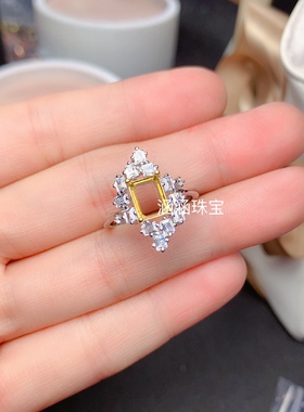 s925银饰品戒指空托豪华长方形6*8mm双色款代镶托帕石 时尚百搭